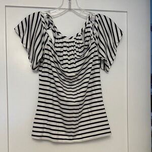 Trina Turk Black & White Striped Flutter-Sleeve Tunic Top